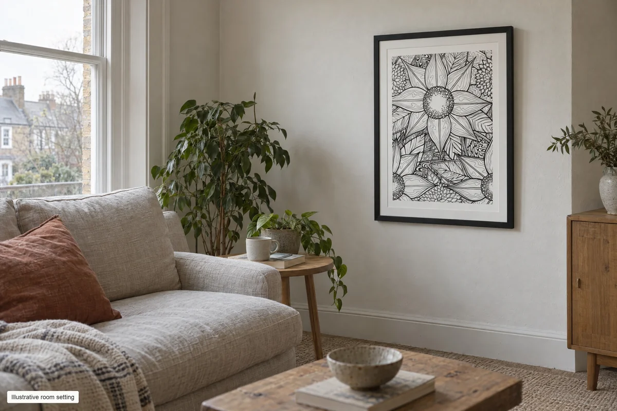 Black framed sunflower line drawing on a pale living room wall beside a grey sofa, wooden coffee table and houseplants