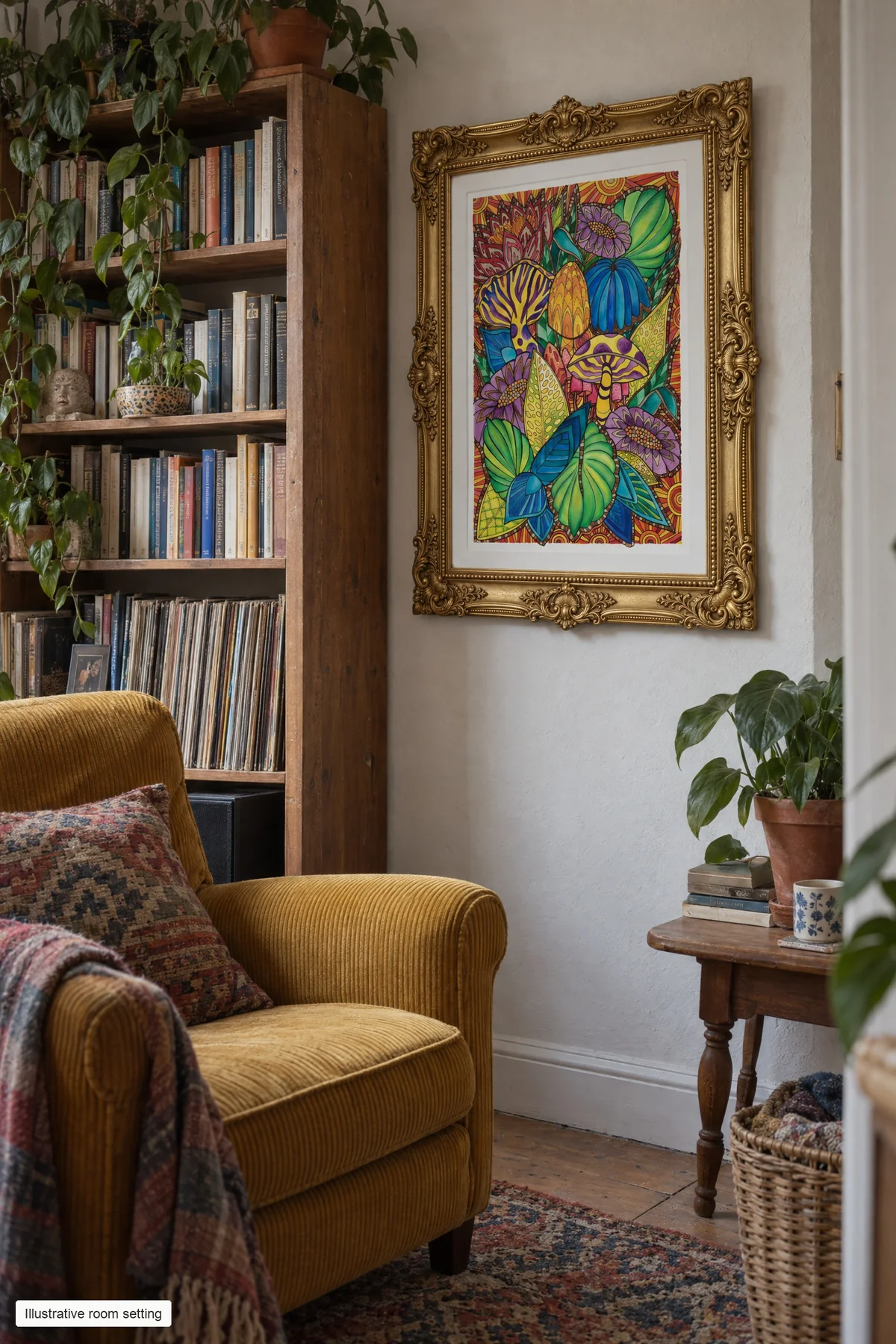 Colourful jungle illustration in a gold frame beside a mustard armchair, full bookshelves and leafy houseplants
