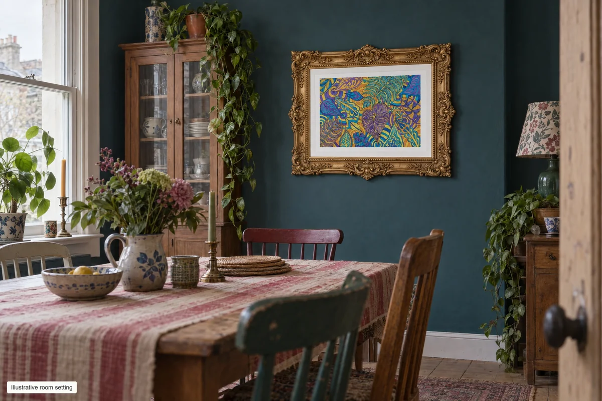 Colourful botanical print in an ornate gold frame on a dark teal dining room wall, behind a wooden table and mismatched chairs